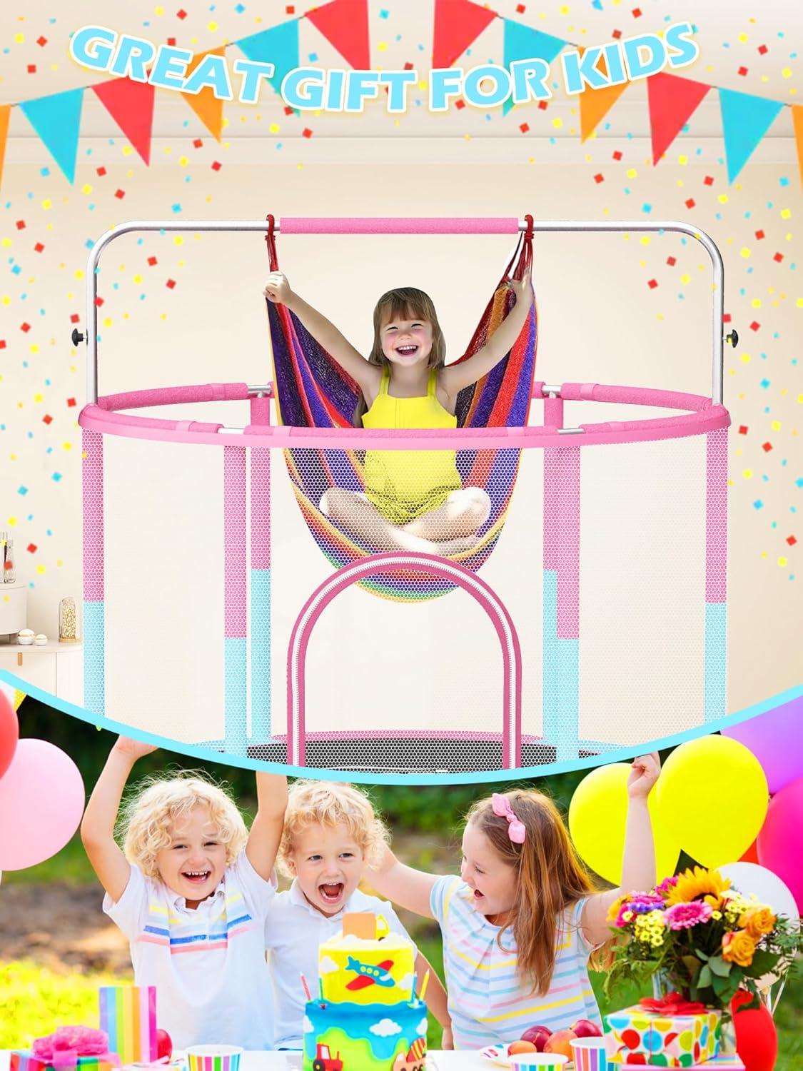 image:imageBLUERISE 55IN 6FT Toddler Trampoline for Kids Indoor Outdoor Play for Kids Trampoline Basketball Hoop Attachment with Enclosure Net Easy to AssemblePink Blue 55IN 6in1