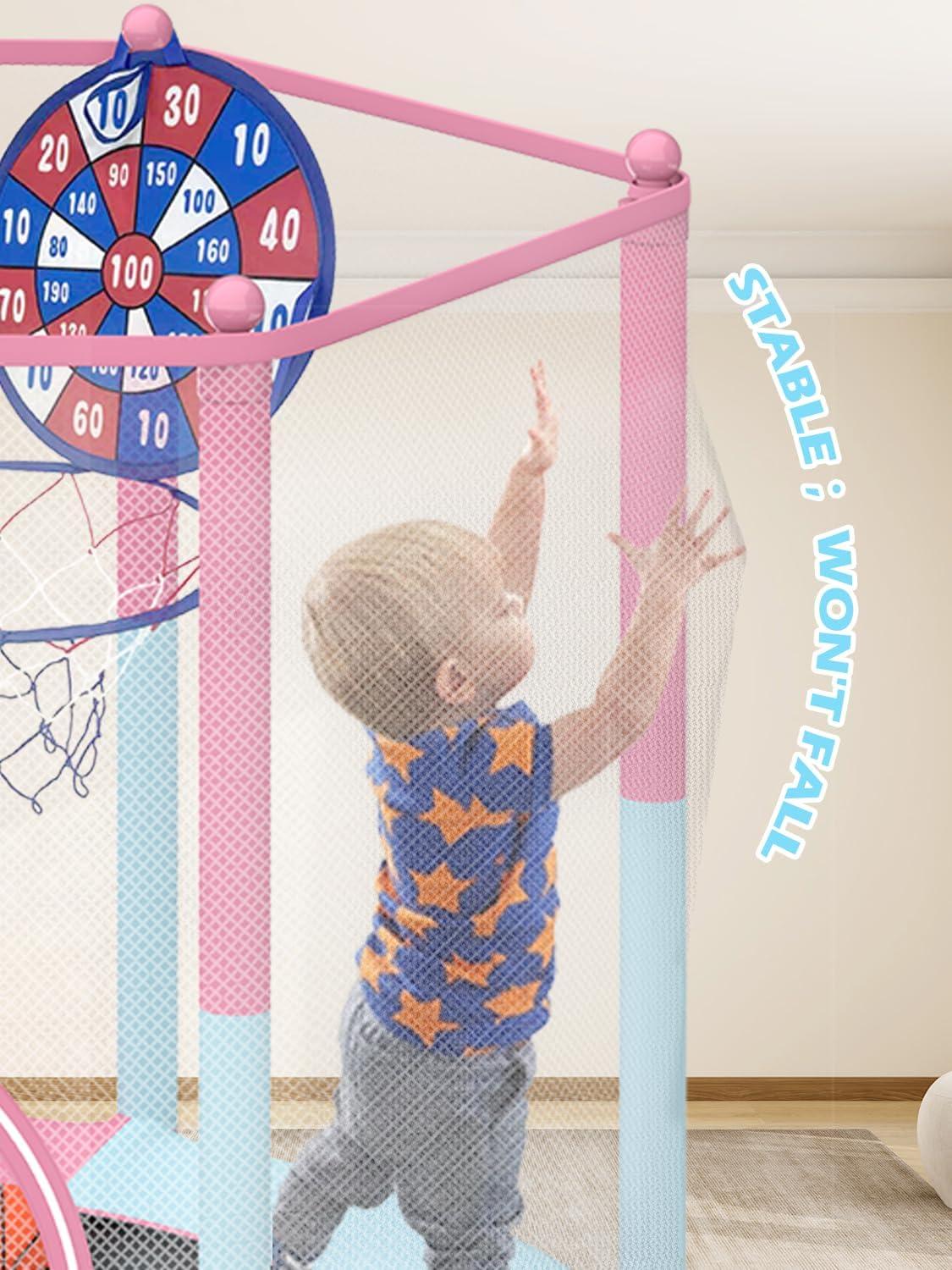 image:imageBLUERISE 55IN 6FT Toddler Trampoline for Kids Indoor Outdoor Play for Kids Trampoline Basketball Hoop Attachment with Enclosure Net Easy to AssemblePink 55IN