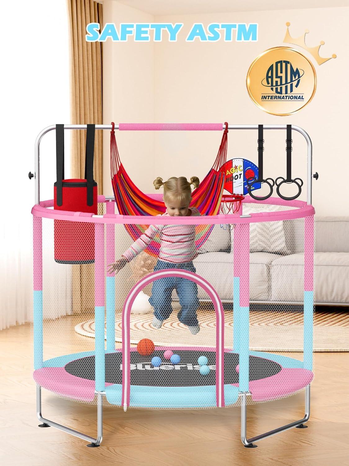 image:imageBLUERISE 55IN 6FT Toddler Trampoline for Kids Indoor Outdoor Play for Kids Trampoline Basketball Hoop Attachment with Enclosure Net Easy to AssemblePink Blue 55IN 6in1