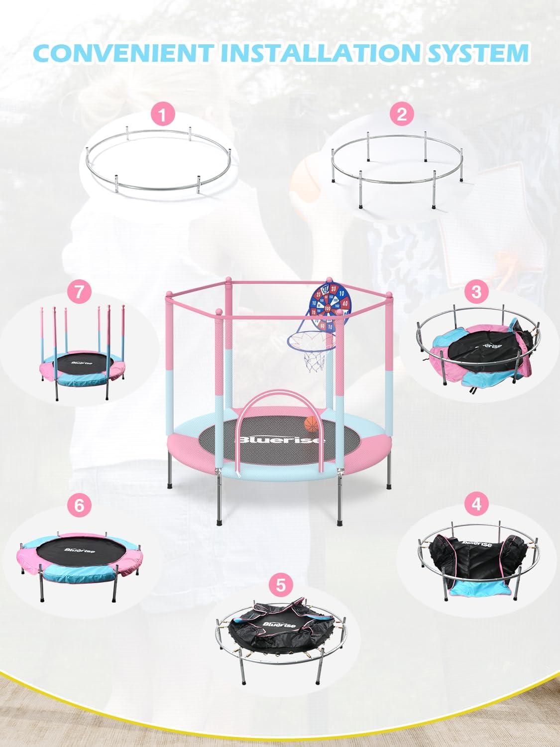 image:imageBLUERISE 55IN 6FT Toddler Trampoline for Kids Indoor Outdoor Play for Kids Trampoline Basketball Hoop Attachment with Enclosure Net Easy to AssemblePink 55IN