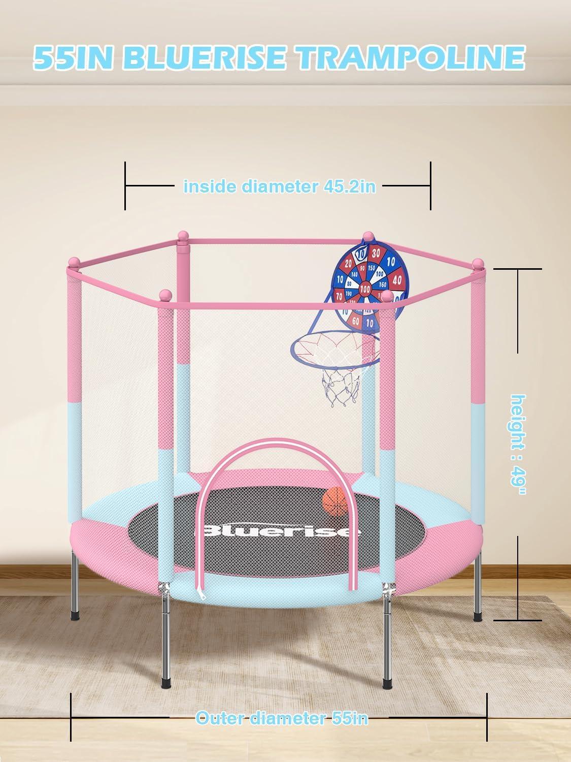 image:imageBLUERISE 55IN 6FT Toddler Trampoline for Kids Indoor Outdoor Play for Kids Trampoline Basketball Hoop Attachment with Enclosure Net Easy to AssemblePink 55IN