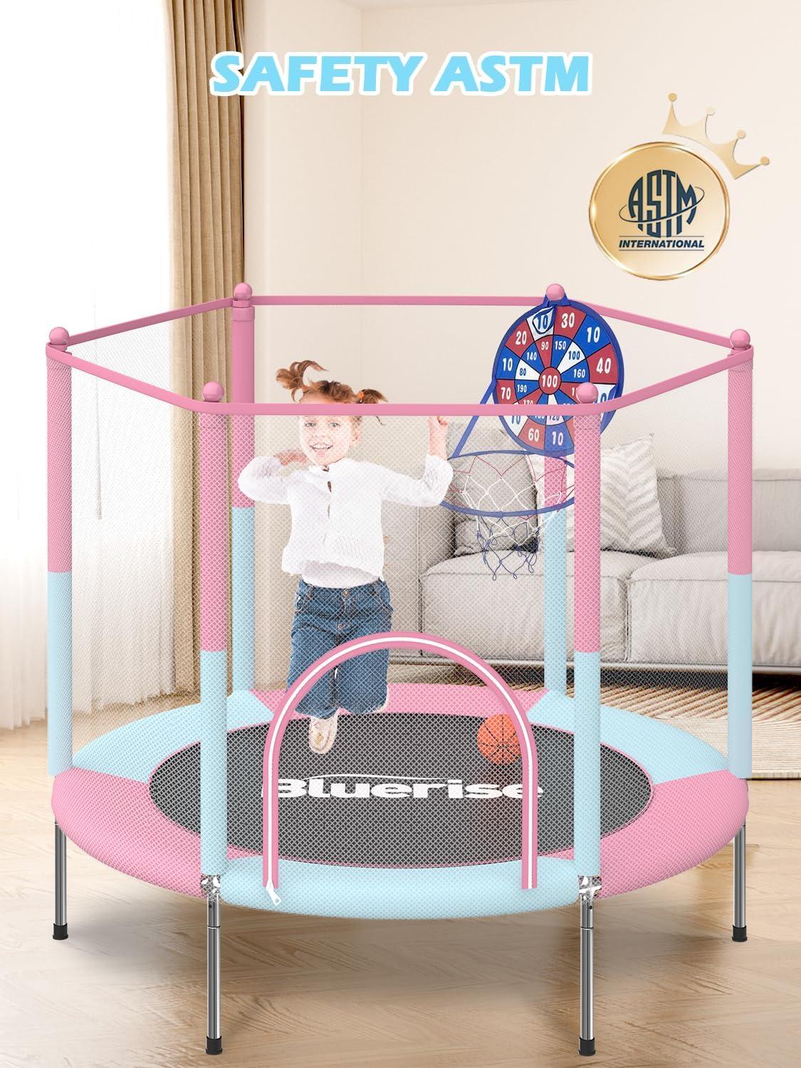 image:imageBLUERISE 55IN 6FT Toddler Trampoline for Kids Indoor Outdoor Play for Kids Trampoline Basketball Hoop Attachment with Enclosure Net Easy to AssemblePink 55IN