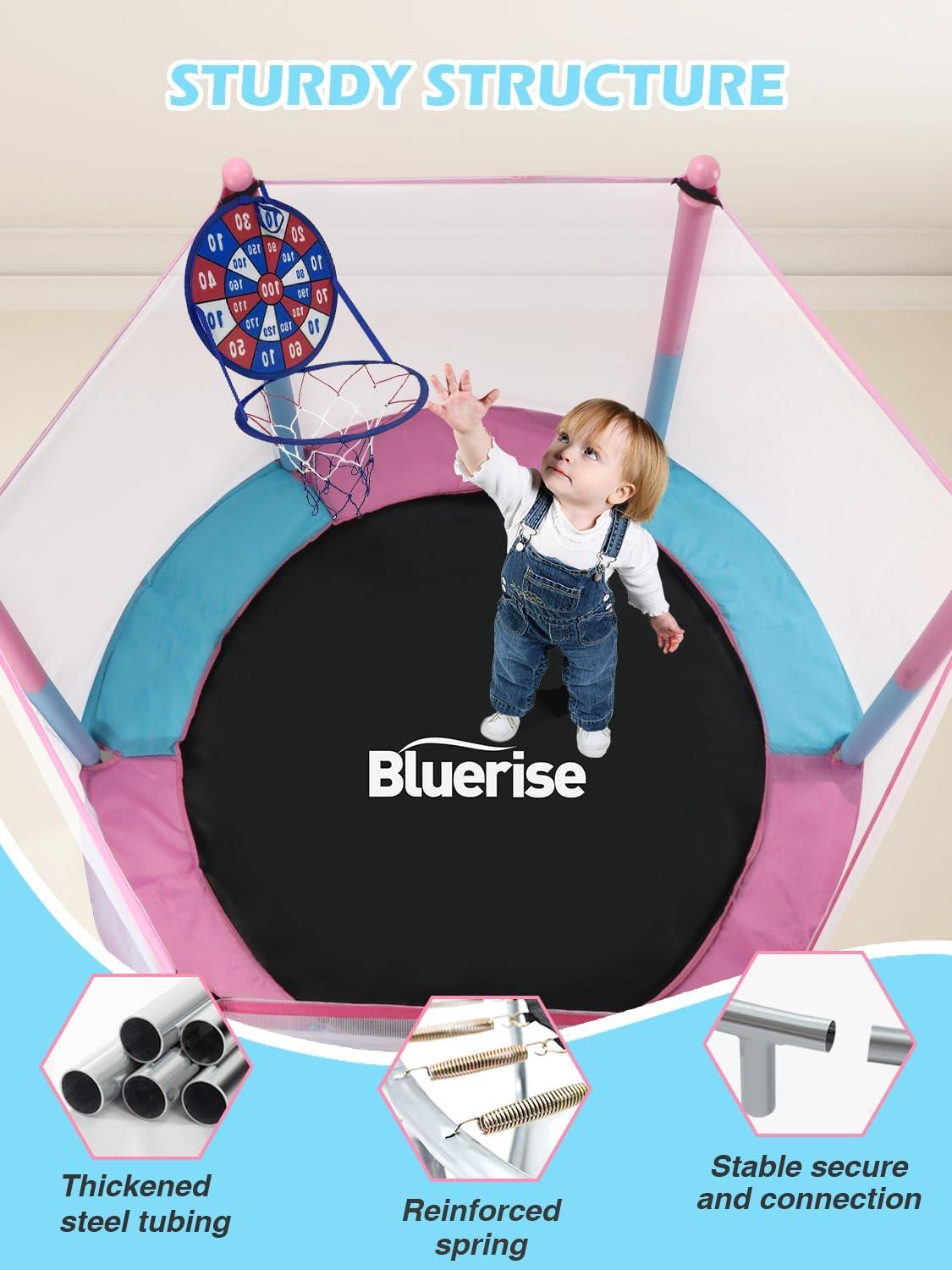 image:imageBLUERISE 55IN 6FT Toddler Trampoline for Kids Indoor Outdoor Play for Kids Trampoline Basketball Hoop Attachment with Enclosure Net Easy to AssemblePink 55IN