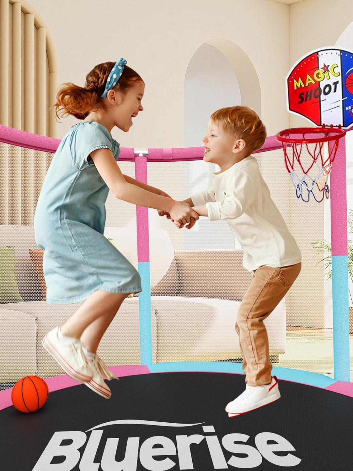 image:imageBLUERISE 55IN 6FT Toddler Trampoline for Kids Indoor Outdoor Play for Kids Trampoline Basketball Hoop Attachment with Enclosure Net Easy to AssemblePink Blue 55IN 6in1