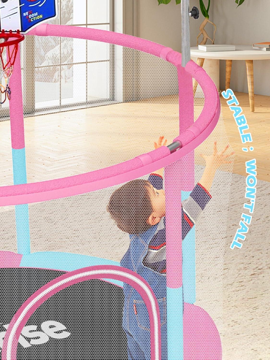 image:imageBLUERISE 55IN 6FT Toddler Trampoline for Kids Indoor Outdoor Play for Kids Trampoline Basketball Hoop Attachment with Enclosure Net Easy to AssemblePink Blue 55IN 6in1