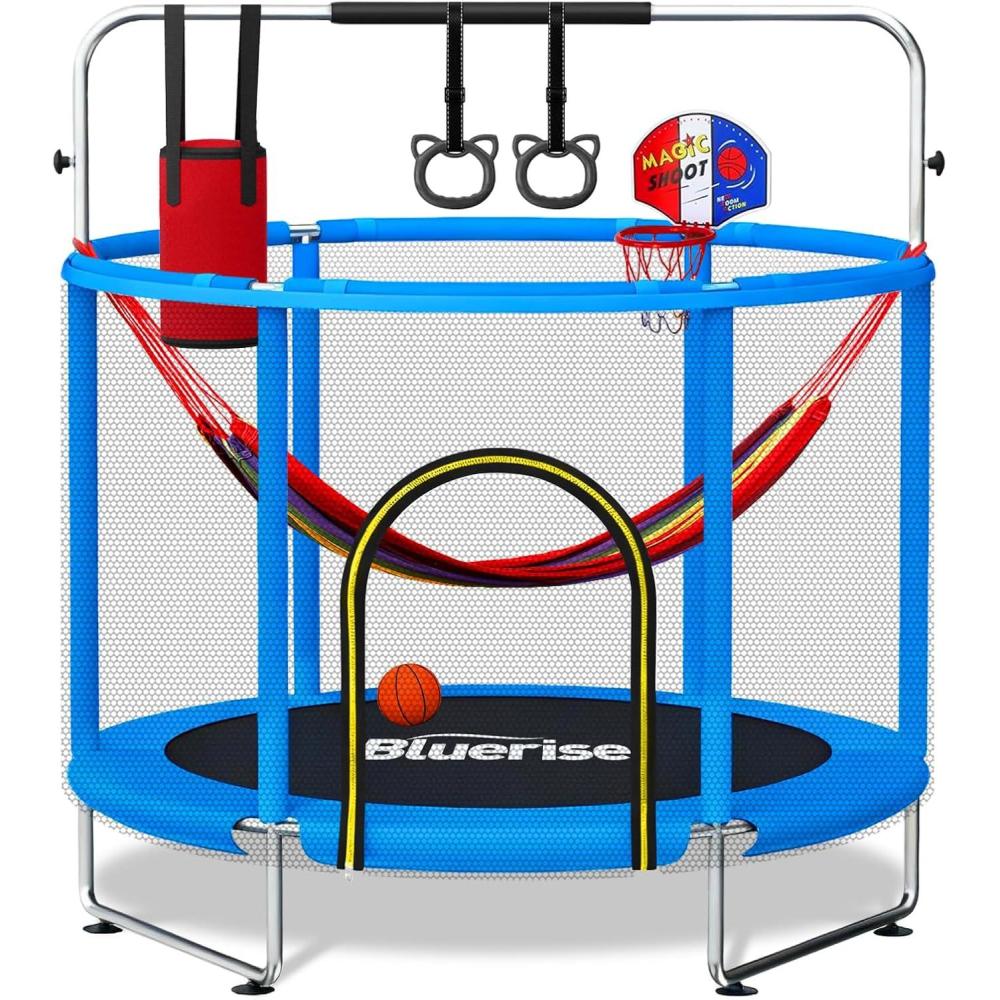 image:imageBLUERISE 55IN 6FT Toddler Trampoline for Kids Indoor Outdoor Play for Kids Trampoline Basketball Hoop Attachment with Enclosure Net Easy to AssembleBlue Dark 55IN 6in1