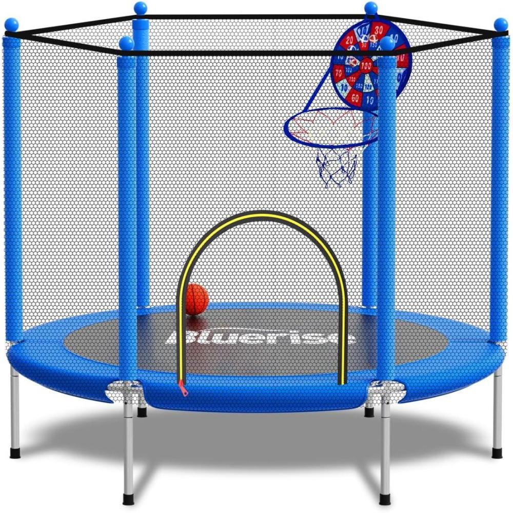 image:imageBLUERISE 55IN 6FT Toddler Trampoline for Kids Indoor Outdoor Play for Kids Trampoline Basketball Hoop Attachment with Enclosure Net Easy to AssembleBlue 55IN