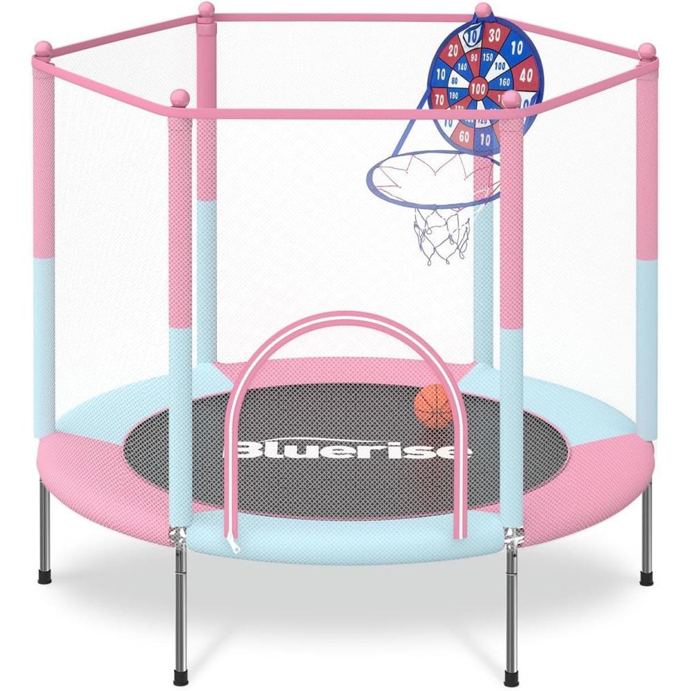 image:imageBLUERISE 55IN 6FT Toddler Trampoline for Kids Indoor Outdoor Play for Kids Trampoline Basketball Hoop Attachment with Enclosure Net Easy to AssemblePink 55IN