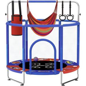 BLUERISE 55IN 5FT Trampoline for Kids 60”/55” Toddler Trampolines Indoor/Outdoor Adjustable Gymnastics Bar & Safety Net, No-Gap Design, Anti-Rollover Bottom, Basketball Hoop, Gifts for Boys & Girls