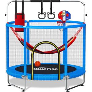 BLUERISE 55IN 6FT Toddler Trampoline for Kids Indoor Outdoor Play for Kids Trampoline Basketball Hoop Attachment with Enclosure Net Easy to Assemble(Blue / Dark – 55IN – 6-in-1)