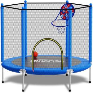 BLUERISE 55IN 6FT Toddler Trampoline for Kids Indoor Outdoor Play for Kids Trampoline Basketball Hoop Attachment with Enclosure Net Easy to Assemble(Blue – 55IN)