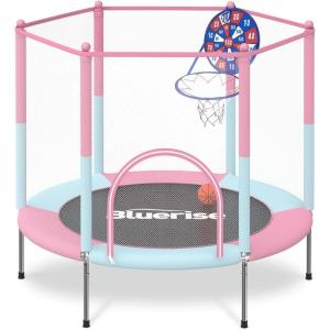 BLUERISE 55IN 6FT Toddler Trampoline for Kids Indoor Outdoor Play for Kids Trampoline Basketball Hoop Attachment with Enclosure Net Easy to Assemble(Pink – 55IN)