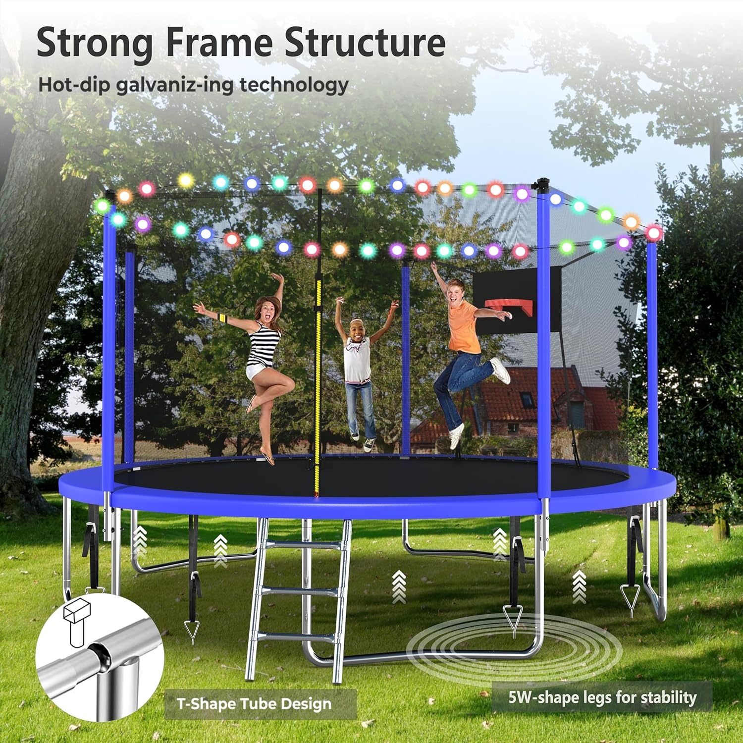 image:imageLyromix Upgraded 14FT 15FT Trampoline Outdoor with Basketball Hoop Stakes Light Sprinkler Capacity for 48 Kids amp AdultsAcid Blue