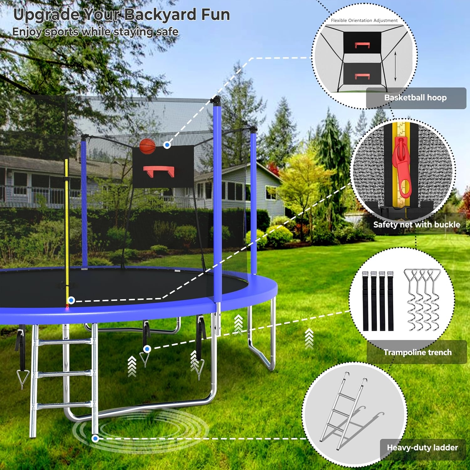 image:imageLyromix Upgraded 14FT 15FT Trampoline Outdoor with Basketball Hoop Stakes Light Sprinkler Capacity for 48 Kids amp AdultsAcid Blue
