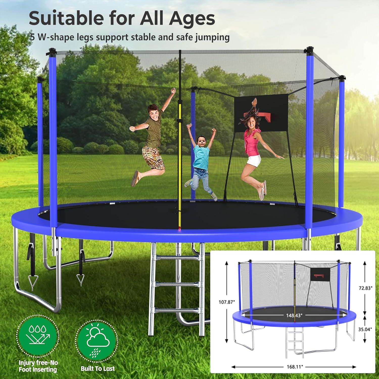 image:imageLyromix Upgraded 14FT 15FT Trampoline Outdoor with Basketball Hoop Stakes Light Sprinkler Capacity for 48 Kids amp AdultsAcid Blue