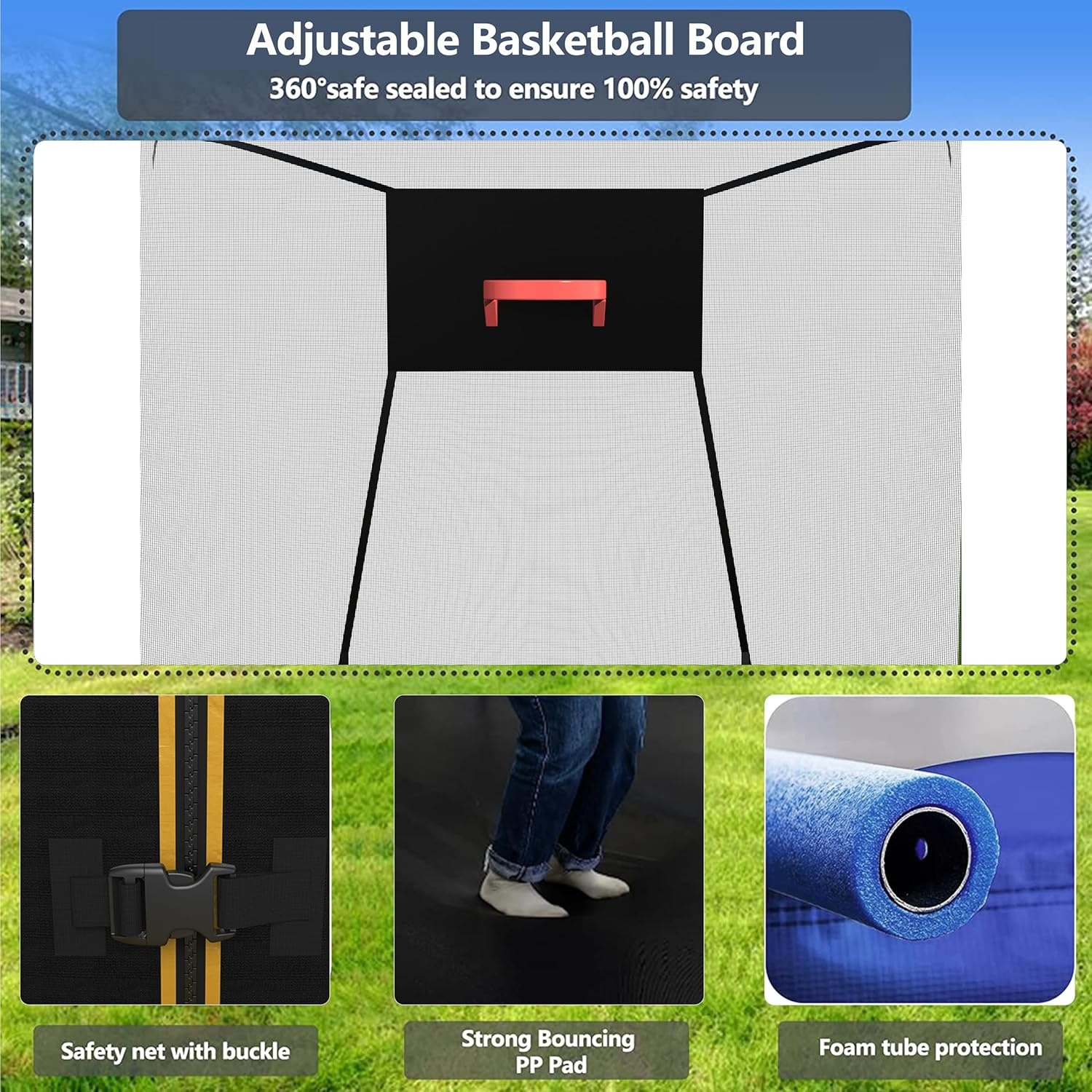 image:imageLyromix Upgraded 14FT 15FT Trampoline Outdoor with Basketball Hoop Stakes Light Sprinkler Capacity for 48 Kids amp AdultsAcid Blue