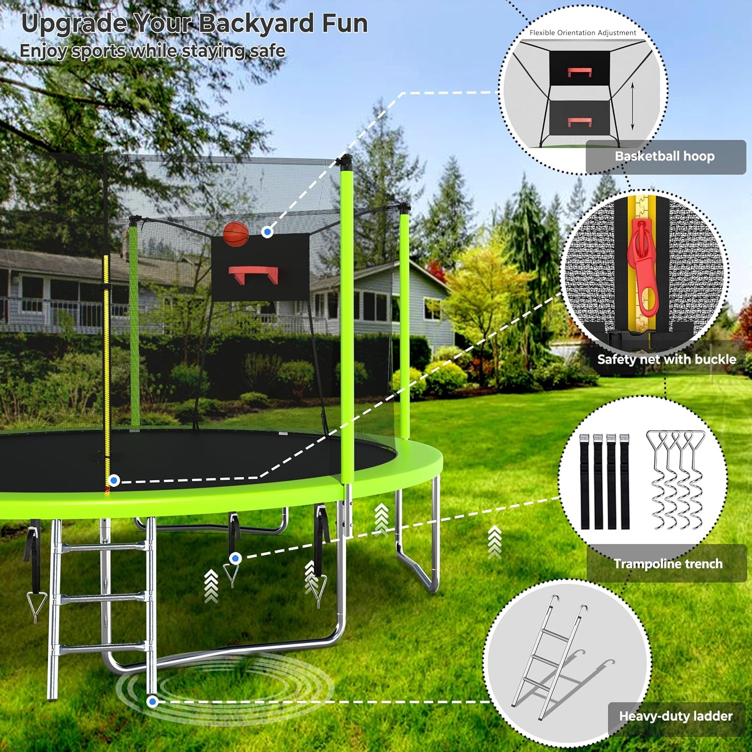image:imageLyromix Upgraded 14FT 15FT Trampoline Outdoor with Basketball Hoop Stakes Light Sprinkler Capacity for 48 Kids amp AdultsJade Green