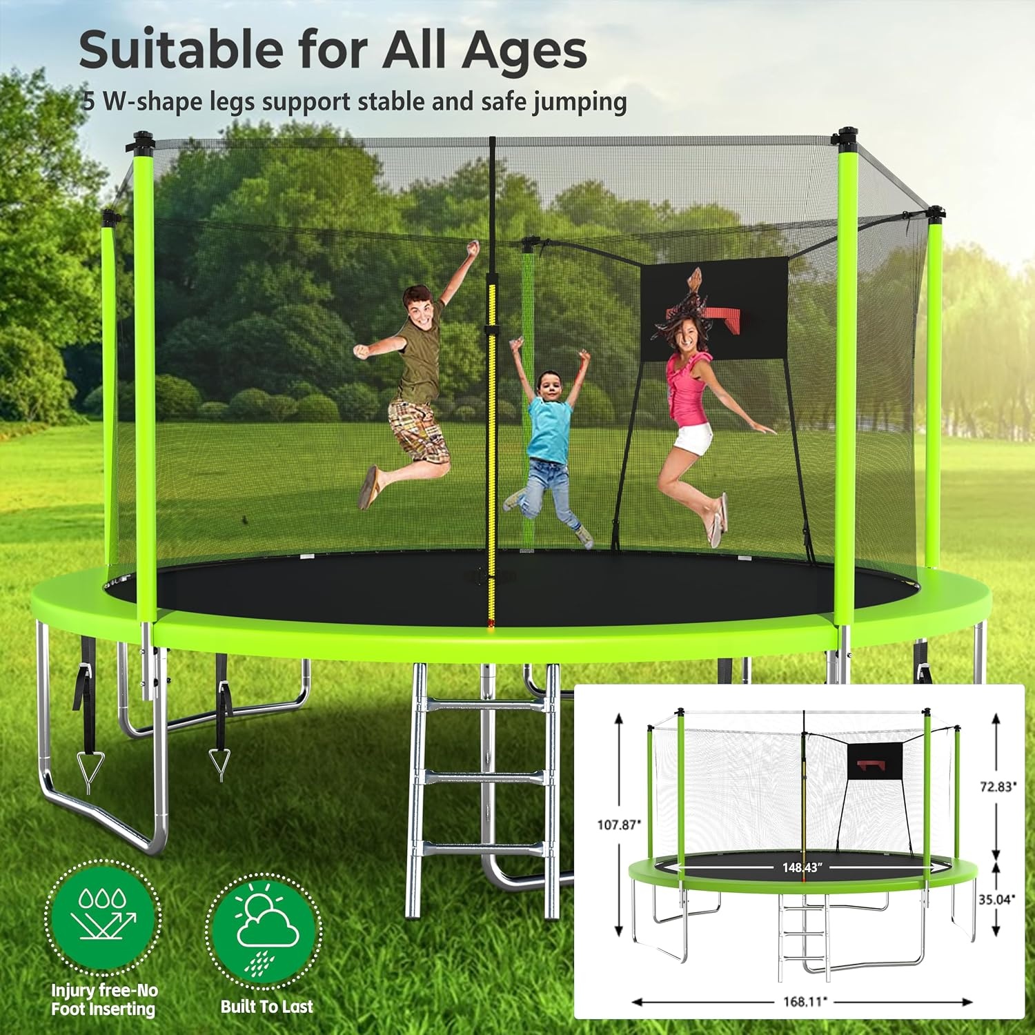 image:imageLyromix Upgraded 14FT 15FT Trampoline Outdoor with Basketball Hoop Stakes Light Sprinkler Capacity for 48 Kids amp AdultsJade Green