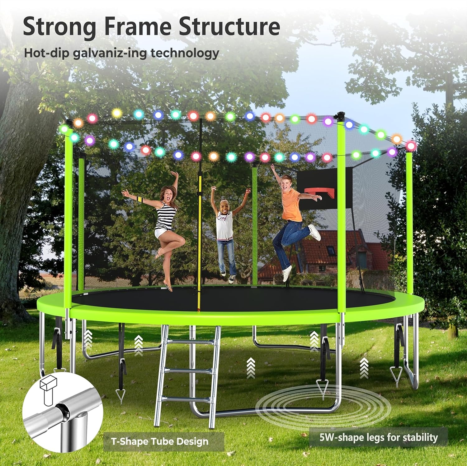 image:imageLyromix Upgraded 14FT 15FT Trampoline Outdoor with Basketball Hoop Stakes Light Sprinkler Capacity for 48 Kids amp AdultsJade Green