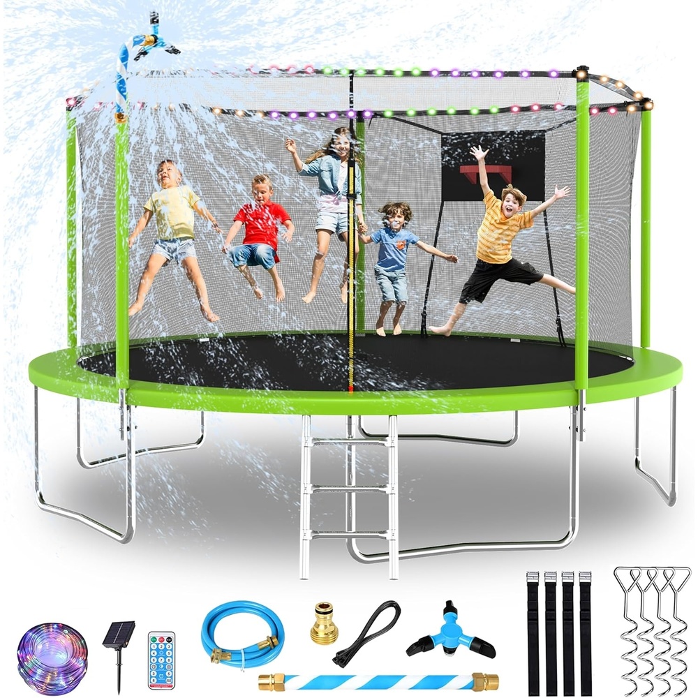 image:imageLyromix Upgraded 14FT 15FT Trampoline Outdoor with Basketball Hoop Stakes Light Sprinkler Capacity for 48 Kids amp AdultsJade Green