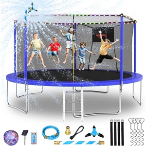 Lyromix Upgraded 14FT 15FT Trampoline Outdoor with Basketball Hoop, Stakes, Light, Sprinkler, Capacity for 4-8 Kids & Adults(Acid Blue)