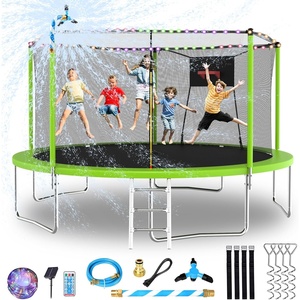 Lyromix Upgraded 14FT 15FT Trampoline Outdoor with Basketball Hoop, Stakes, Light, Sprinkler, Capacity for 4-8 Kids & Adults(Jade Green)