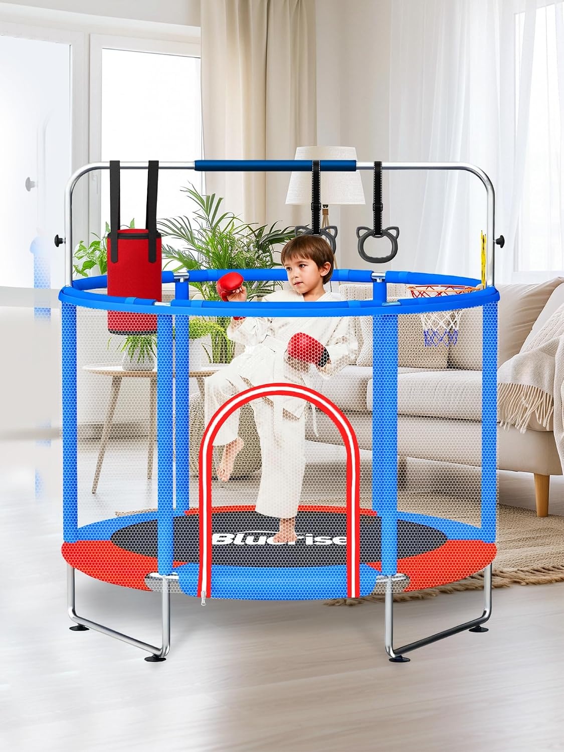 image:imageBLUERISE 55IN 6FT Toddler Trampoline for Kids Indoor Outdoor Play for Kids Trampoline Basketball Hoop Attachment with Enclosure Net Easy to AssembleBlue Red 55IN 6in1
