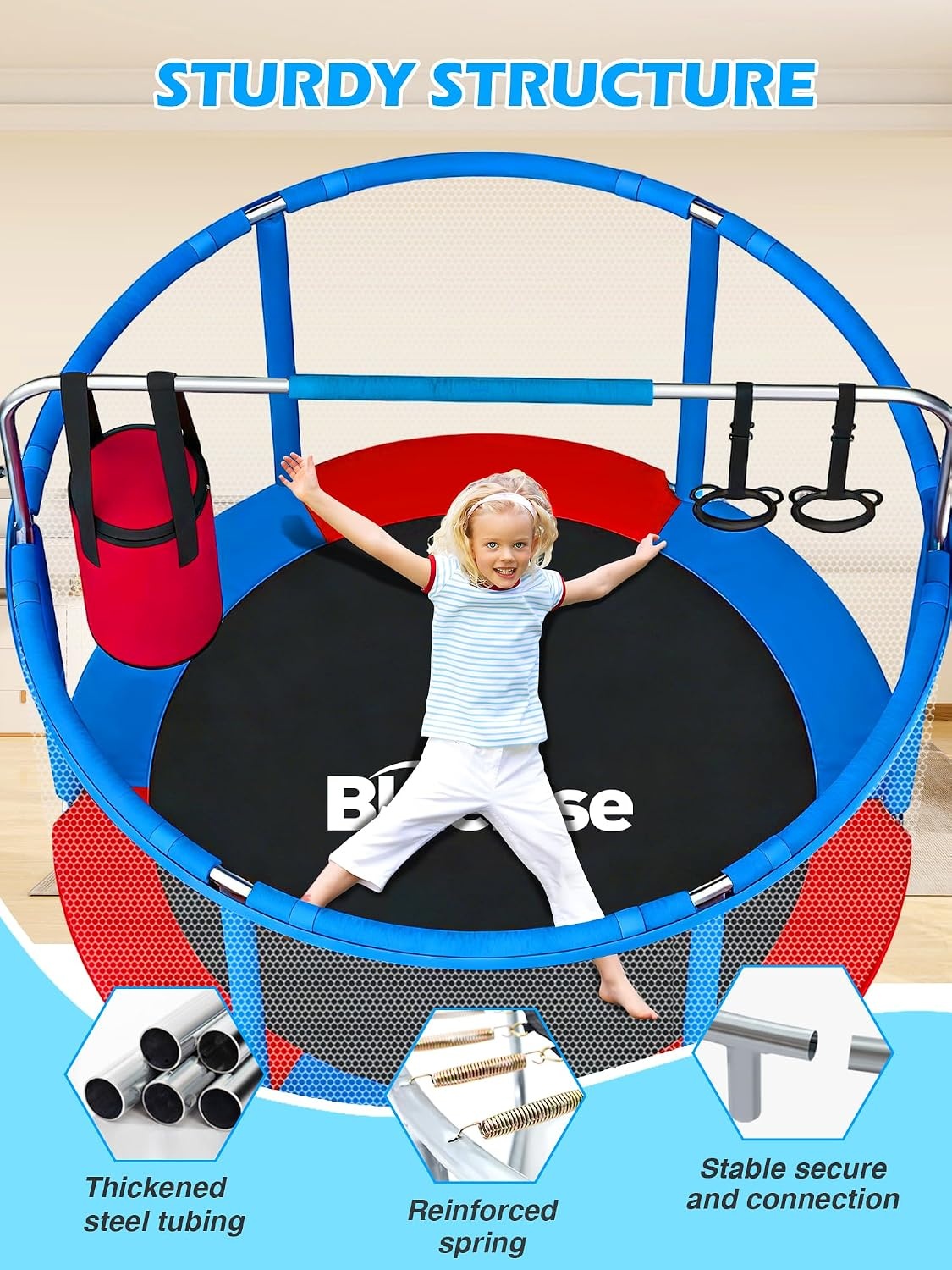image:imageBLUERISE 55IN 6FT Toddler Trampoline for Kids Indoor Outdoor Play for Kids Trampoline Basketball Hoop Attachment with Enclosure Net Easy to AssembleBlue Red 55IN 6in1