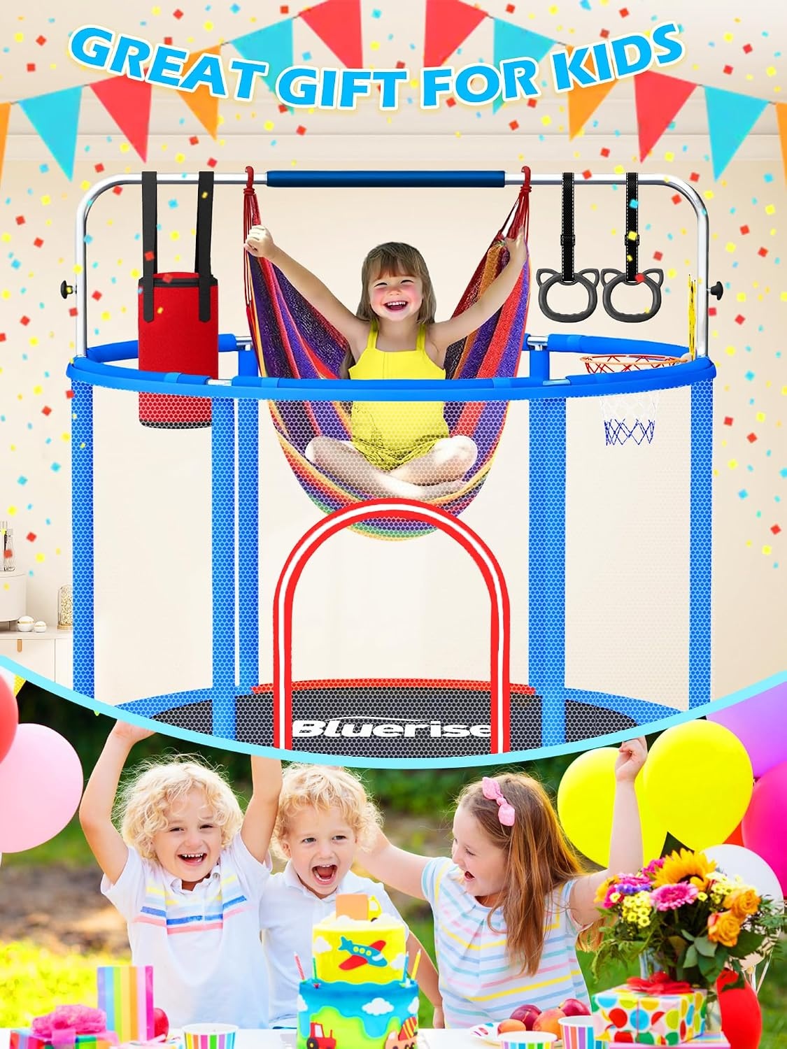 image:imageBLUERISE 55IN 6FT Toddler Trampoline for Kids Indoor Outdoor Play for Kids Trampoline Basketball Hoop Attachment with Enclosure Net Easy to AssembleBlue Red 55IN 6in1