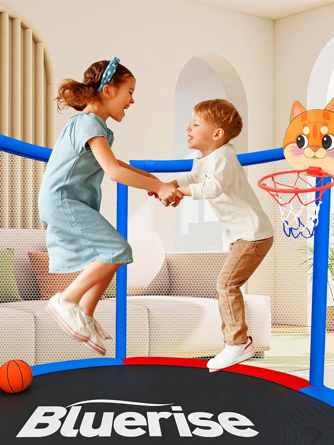 image:imageBLUERISE 55IN 6FT Toddler Trampoline for Kids Indoor Outdoor Play for Kids Trampoline Basketball Hoop Attachment with Enclosure Net Easy to AssembleBlue Red 55IN 6in1