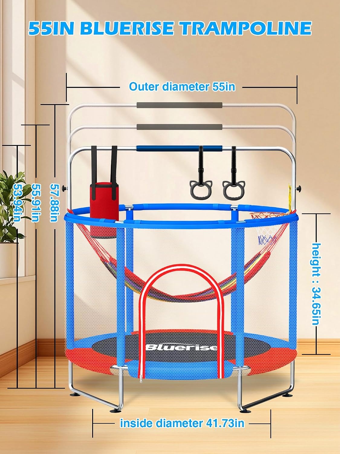 image:imageBLUERISE 55IN 6FT Toddler Trampoline for Kids Indoor Outdoor Play for Kids Trampoline Basketball Hoop Attachment with Enclosure Net Easy to AssembleBlue Red 55IN 6in1