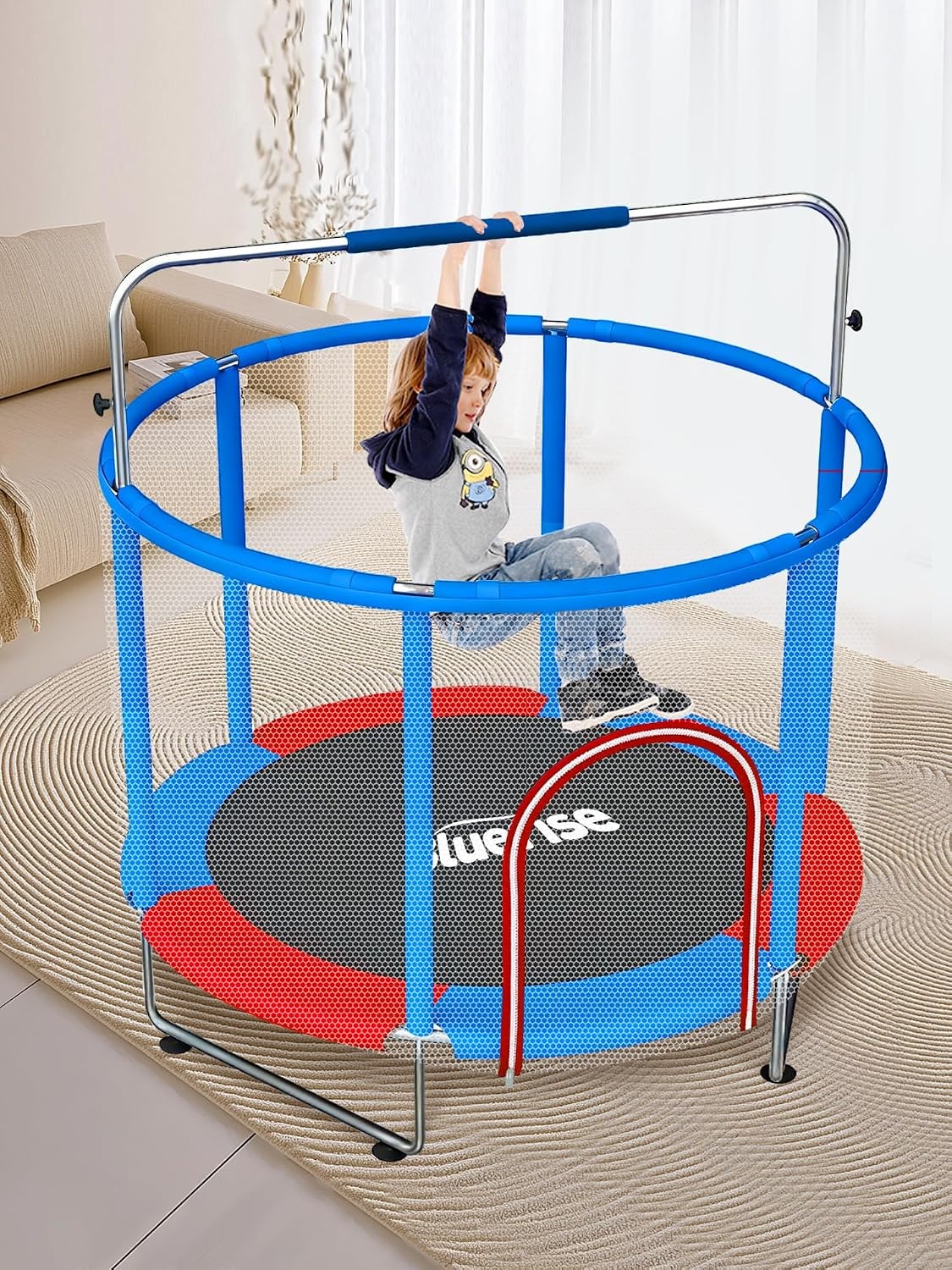 image:imageBLUERISE 55IN 6FT Toddler Trampoline for Kids Indoor Outdoor Play for Kids Trampoline Basketball Hoop Attachment with Enclosure Net Easy to AssembleBlue Red 55IN 6in1