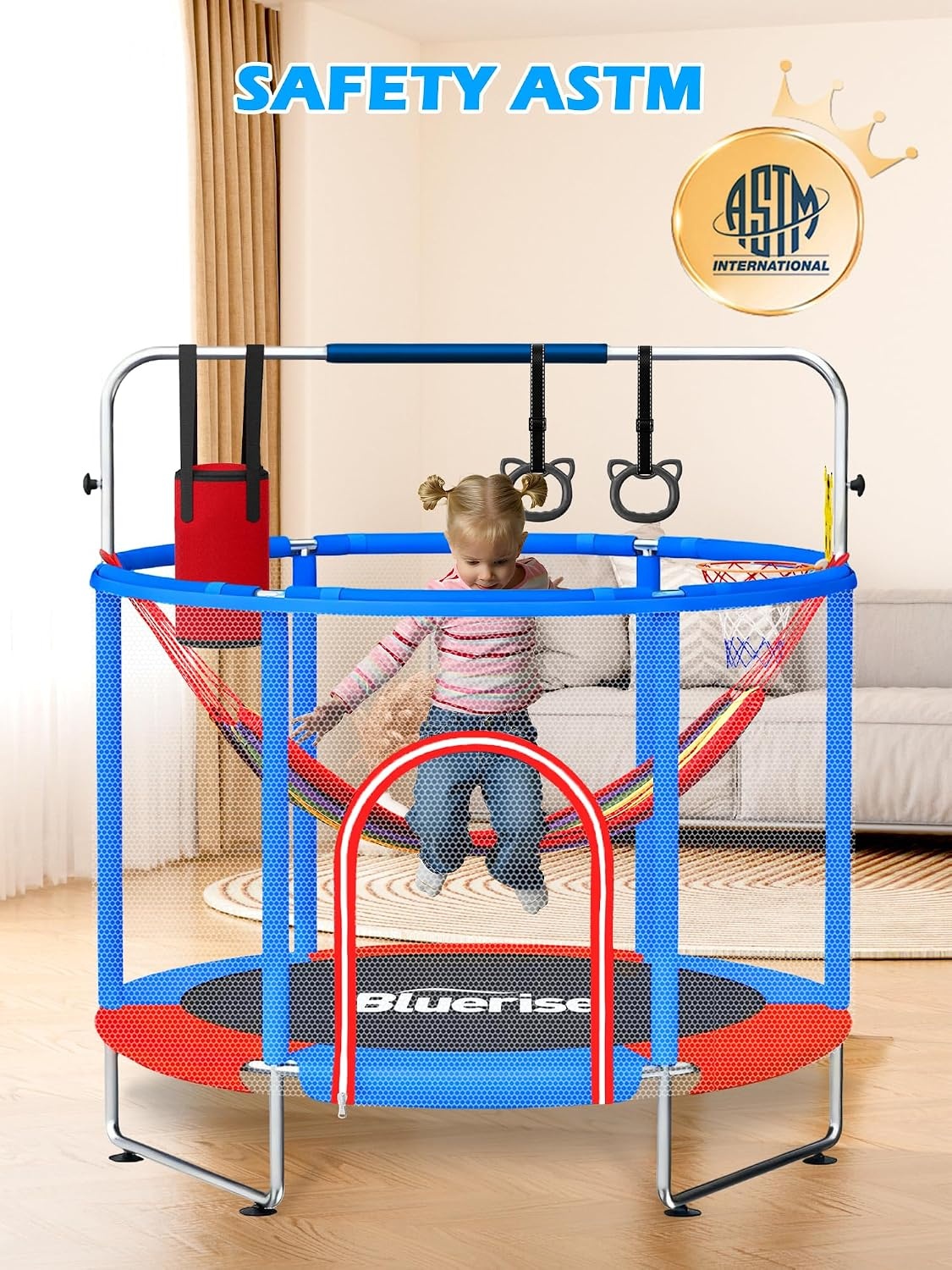 image:imageBLUERISE 55IN 6FT Toddler Trampoline for Kids Indoor Outdoor Play for Kids Trampoline Basketball Hoop Attachment with Enclosure Net Easy to AssembleBlue Red 55IN 6in1