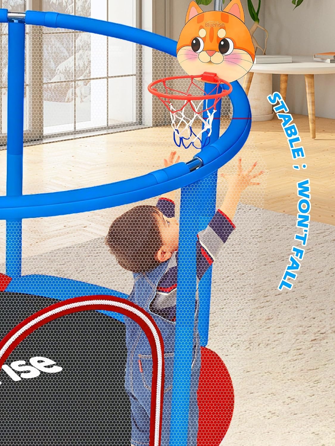 image:imageBLUERISE 55IN 6FT Toddler Trampoline for Kids Indoor Outdoor Play for Kids Trampoline Basketball Hoop Attachment with Enclosure Net Easy to AssembleBlue Red 55IN 6in1