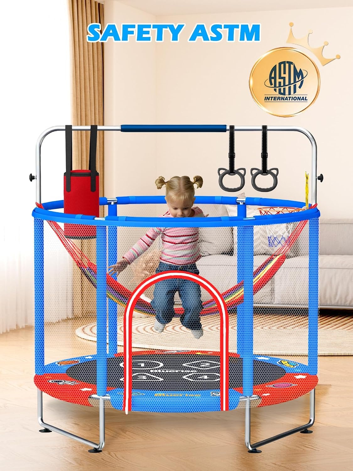 image:imageBLUERISE 55IN 6FT Toddler Trampoline for Kids Indoor Outdoor Play for Kids Trampoline Basketball Hoop Attachment with Enclosure Net Easy to AssembleRed Blue 55IN 6in1