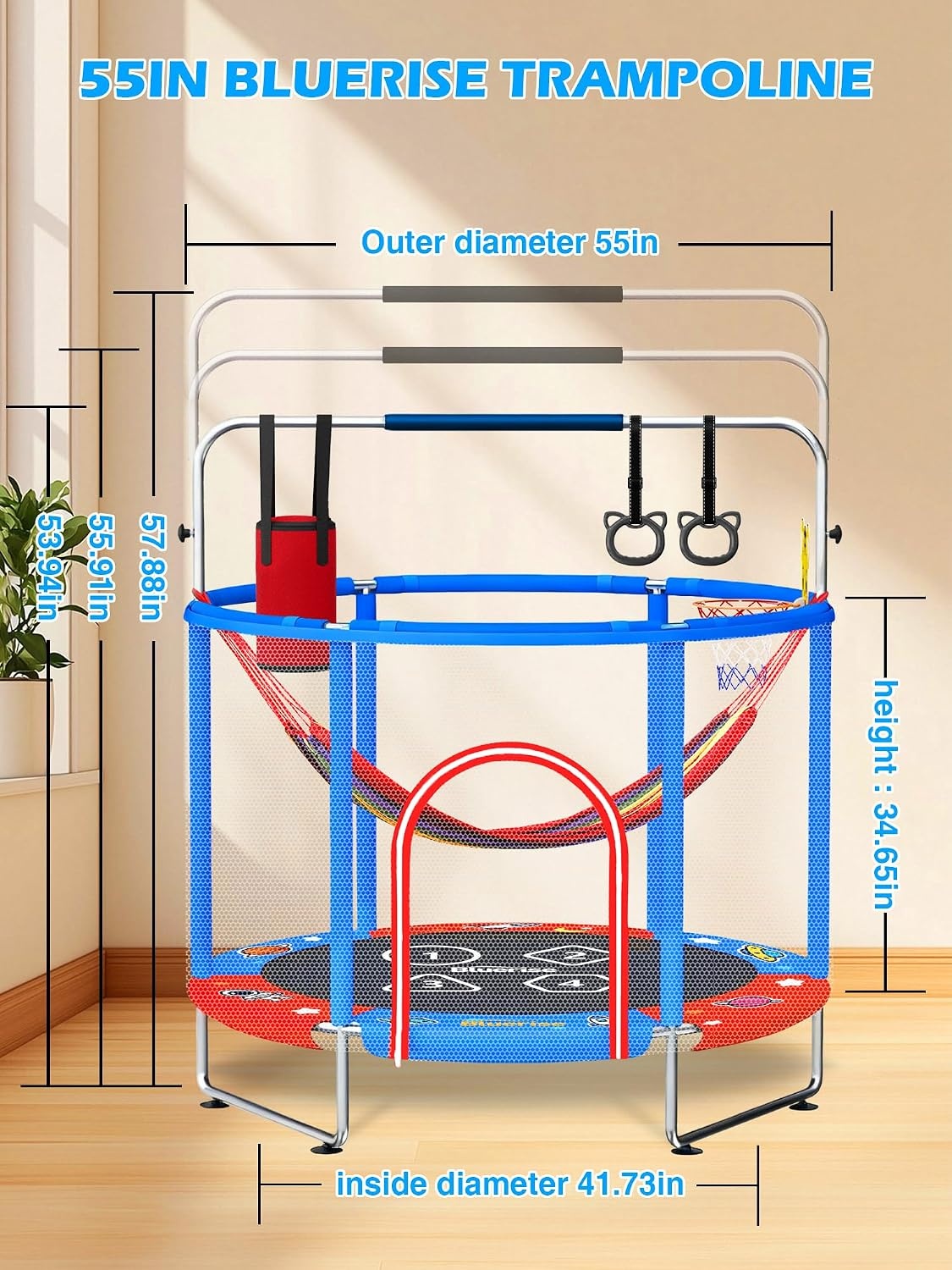 image:imageBLUERISE 55IN 6FT Toddler Trampoline for Kids Indoor Outdoor Play for Kids Trampoline Basketball Hoop Attachment with Enclosure Net Easy to AssembleRed Blue 55IN 6in1
