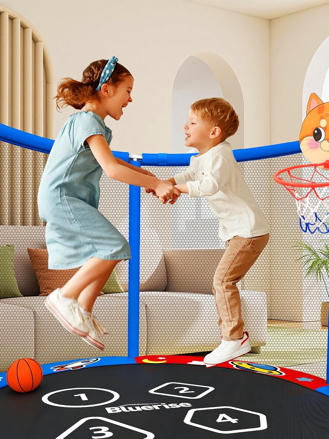 image:imageBLUERISE 55IN 6FT Toddler Trampoline for Kids Indoor Outdoor Play for Kids Trampoline Basketball Hoop Attachment with Enclosure Net Easy to AssembleRed Blue 55IN 6in1