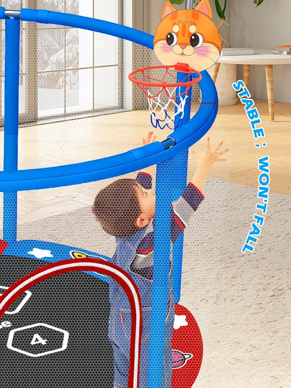 image:imageBLUERISE 55IN 6FT Toddler Trampoline for Kids Indoor Outdoor Play for Kids Trampoline Basketball Hoop Attachment with Enclosure Net Easy to AssembleRed Blue 55IN 6in1