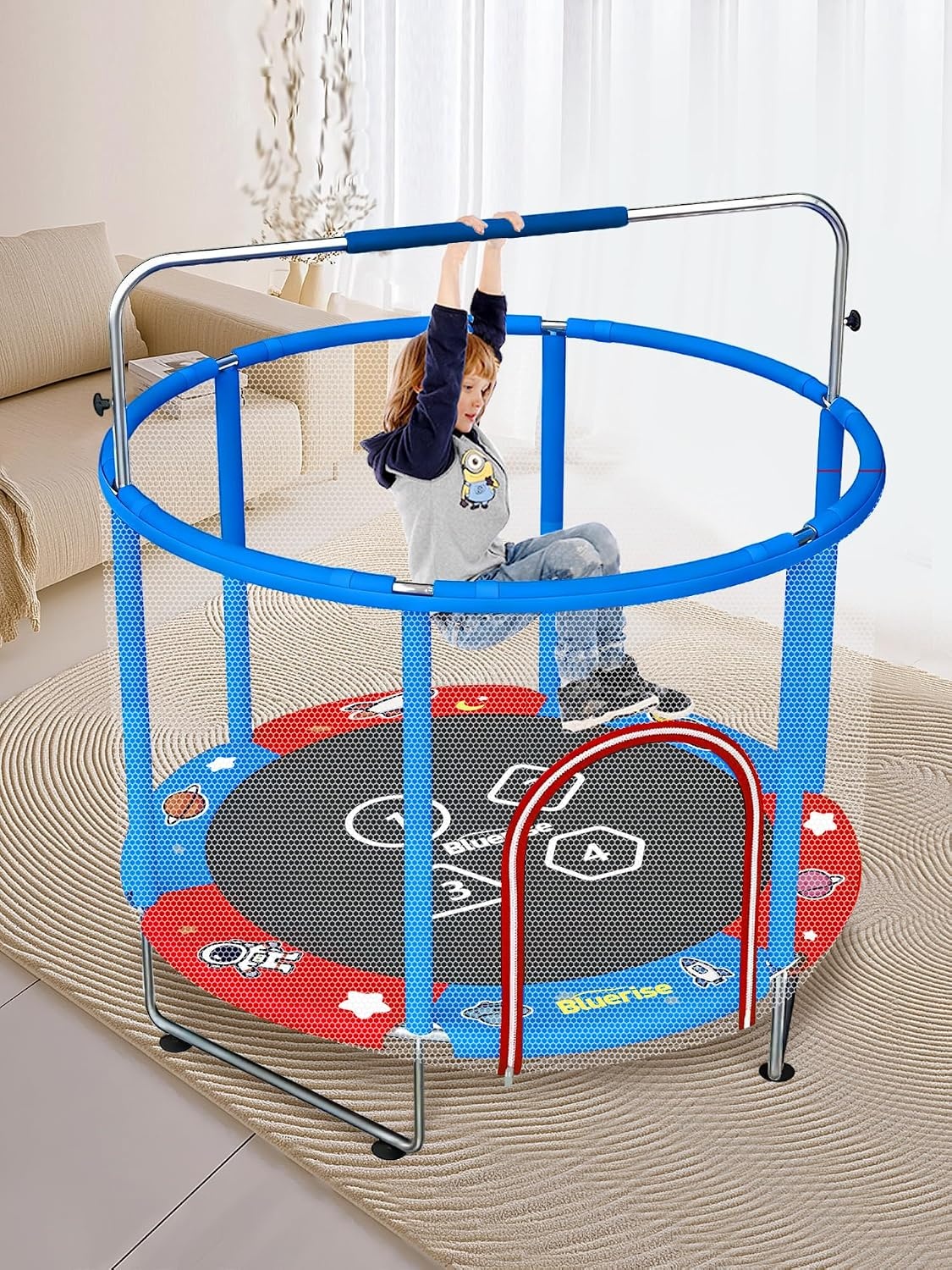 image:imageBLUERISE 55IN 6FT Toddler Trampoline for Kids Indoor Outdoor Play for Kids Trampoline Basketball Hoop Attachment with Enclosure Net Easy to AssembleRed Blue 55IN 6in1