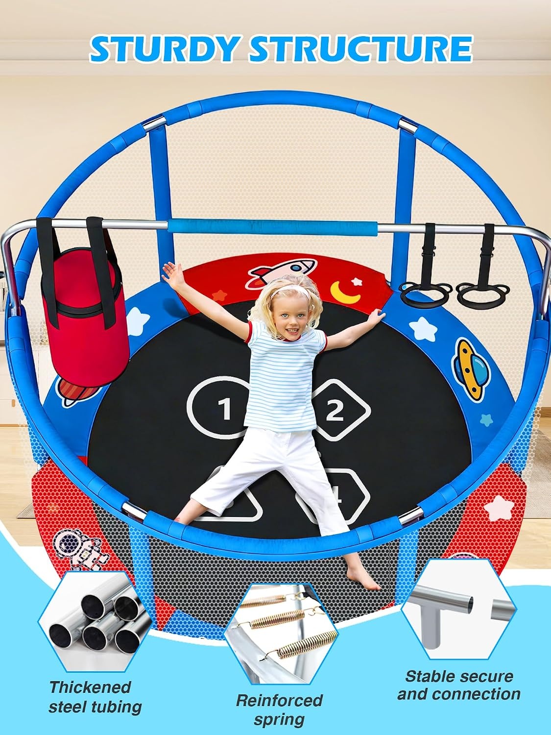 image:imageBLUERISE 55IN 6FT Toddler Trampoline for Kids Indoor Outdoor Play for Kids Trampoline Basketball Hoop Attachment with Enclosure Net Easy to AssembleRed Blue 55IN 6in1