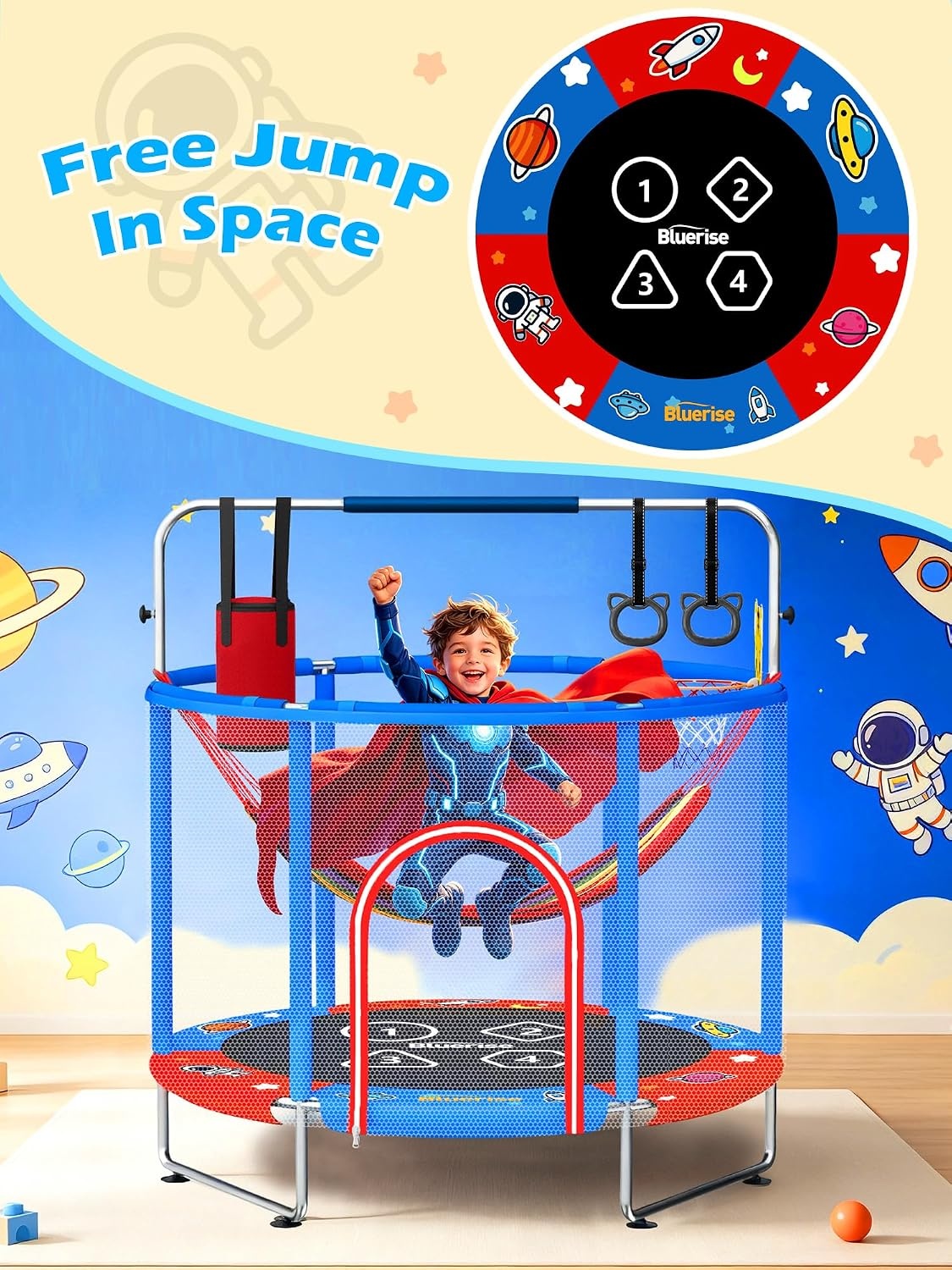 image:imageBLUERISE 55IN 6FT Toddler Trampoline for Kids Indoor Outdoor Play for Kids Trampoline Basketball Hoop Attachment with Enclosure Net Easy to AssembleRed Blue 55IN 6in1