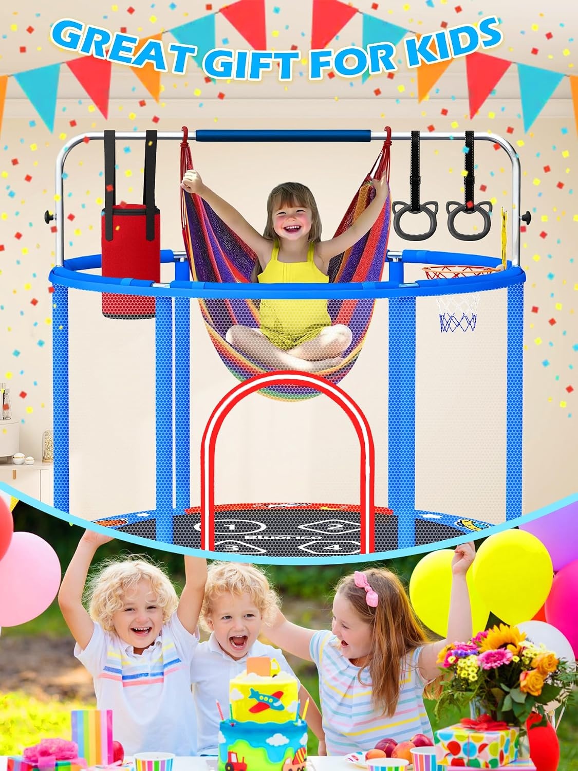 image:imageBLUERISE 55IN 6FT Toddler Trampoline for Kids Indoor Outdoor Play for Kids Trampoline Basketball Hoop Attachment with Enclosure Net Easy to AssembleRed Blue 55IN 6in1