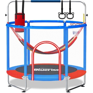 BLUERISE 55IN 6FT Toddler Trampoline for Kids Indoor Outdoor Play for Kids Trampoline Basketball Hoop Attachment with Enclosure Net Easy to Assemble(Blue / Red – 55IN – 6-in-1)
